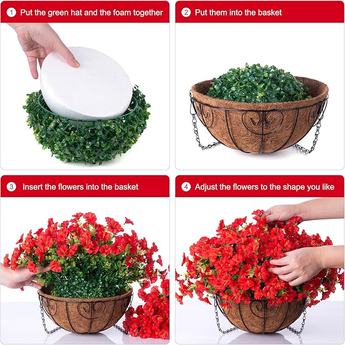 Ivydale Artificial Faux Hanging Flowers Plants Baskets for Outdoors Outside Spring Decoration, Fake Silk Red Morning Glory UV Resistant Look Real for Front Door Porch Patio Balcony Yard Garden Home