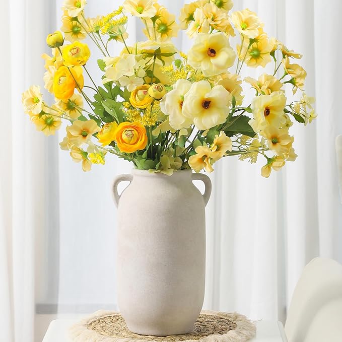 Large Flower Vase Home Decor - 12 inch Tall Ceramic Farmhouse White Rustic Table Vases with Handle Living Room Decoration Decorative Modern for Fireplace Kitchen