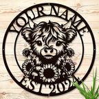 Personalized Highland Cow Name metal Signs,Custom Highland Cow Metal Shed Wall Decor,Black Metal Wall Art Plaques Outdoor wall Decorative Signage (Style E)