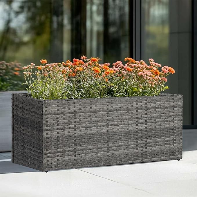 LEWIS&WAYNE Large Rectangular Block Planter Box Handmade Wicker Tall Planters for Outdoor Plants with Removable Liners Modern Planter for Indoor Outdoor Patio Deck - Gray, 30''x12''x16''