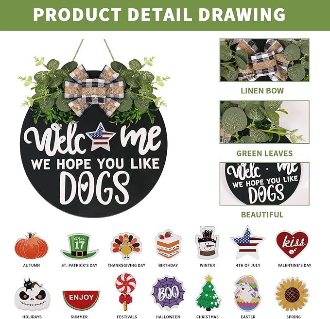 Interchangeable Wooden Seasonal Welcome Sign, Rustic Round Dogs Sign Front Door Wreaths for Home/Wall/Porch Decor, for Easter Spring Summer Fall Halloween Christmas All Season Decorations