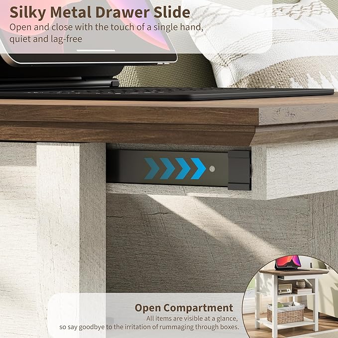 Rresyet Sliding Side Table Set of 2 with Charging Station & 2-Tier Storage,Farmhouse End Table, Wooden Nightstand for Bedroom & Living Room,White