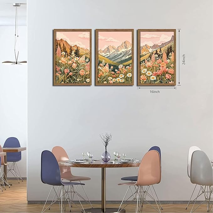 MUWAK Framed Mountain Landscape Canvas Wall Art Set of 3 – Rustic Wildflower and Sunset Nature Prints, Boho Floral Artwork Wall Decor with Wooden Frame for Living Room Bedroom Home Decor – 16x24in