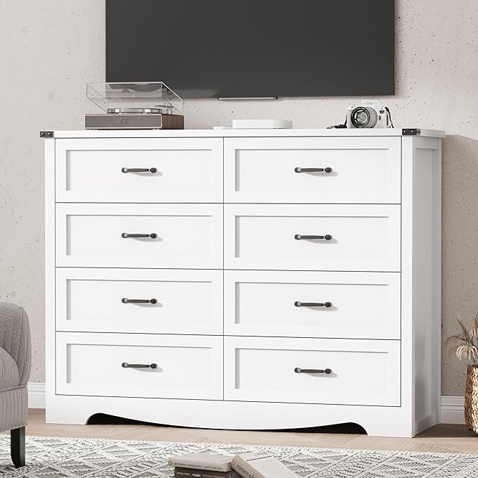 Dresser for Bedroom with 8 Drawers, 48" Wide Wood Chest of Drawers with Deep Drawers & Mental Handle, Modern Dresser TV Stand, Wooden Closet Storage Organizer for Living Room, Hallway, Entryway, White