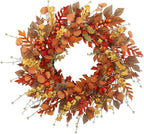 22 inch Artificial Fall Wreaths for Front Door,Autumn Wreath with Large red Berries and Fall Leaves Suitable for Indoor Outdoor Wall Porch Harvest Festival Thanksgiving Day Farmhouse Holiday Decor.