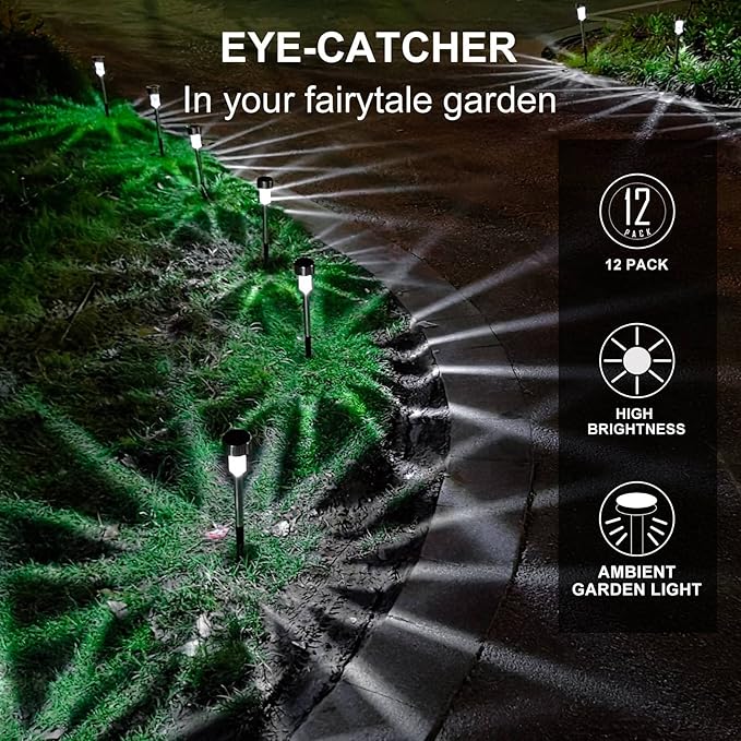 Solar Lights Outdoor Waterproof, Stainless Steel LED Landscape Lighting, Solar Garden Lights Solar Powered, Outdoor Solar Lights for Yard, Pathway, Walkway, Patio , Lawn - 16 Pack ( Cold White )