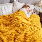 NEWCOSPLAY Faux Fur Throw Blanket Mustard Yellow 3D Ribbed Plush Thick Warm Blanket for Couch Sofa Bed 850GSM (Mustard Yellow Ribbed, Throw(50"x60"))