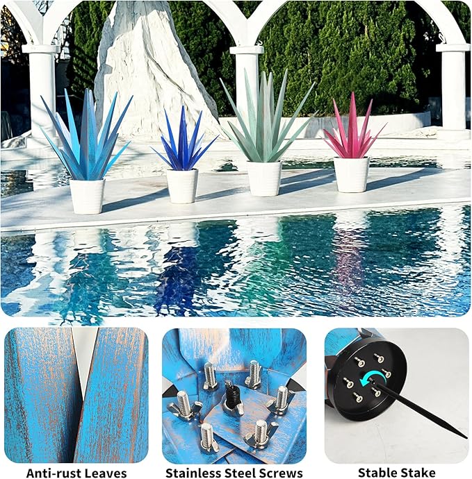 Large Tequila Rustic Sculpture, Rustic Metal Agave Plants for Outdoor Patio Yard, Home Decor Hand Painted Metal Agave Garden Yard Statue, Outdoor Lawn Ornaments Yard Stakes (Rose Red - M)