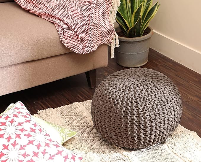 REDEARTH Round Pouf Foot Stool Bean Bag Ottoman - Hand Knitted Boho Pouffe - Home Decor Poof - Stuffed Foot Rest for Living Room - Nursery - Bedroom - Patio (19.5"x19.5"x14") - Taupe