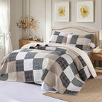 Y-PLWOMEN Quilt 100% Cotton King Size Quilt Set, Brown Khaki Black White Patchwork Plaid Bedspread, Lightweight Reversible Soft Summer Quilt Bedding Set, 3-Pieces