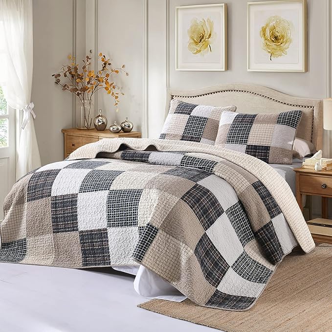 Y-PLWOMEN Quilt 100% Cotton King Size Quilt Set, Brown Khaki Black White Patchwork Plaid Bedspread, Lightweight Reversible Soft Summer Quilt Bedding Set, 3-Pieces