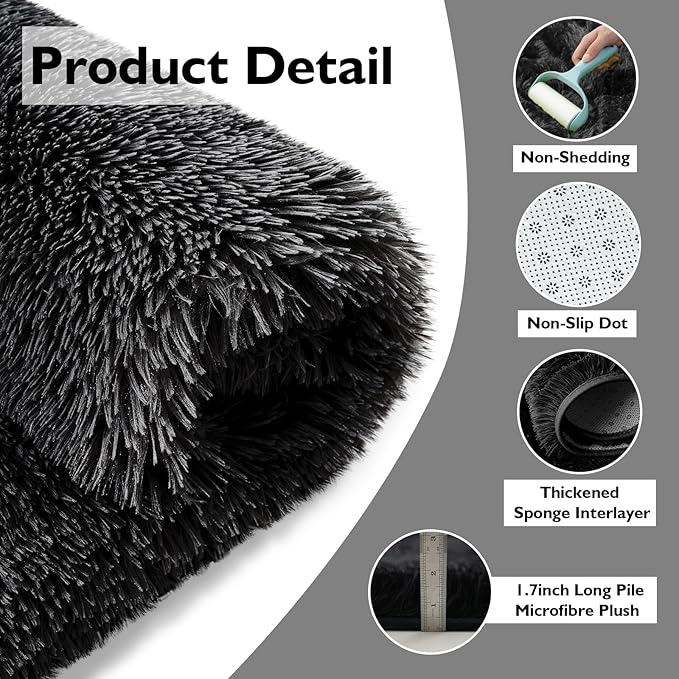 Black Fluffy Round Area Rugs for Living Room,6'X6'Shag Circle Area Rugs for Bedroom,Non Slip Fuzzy Plush Rug for Kids Room Boys Girls Room and Dorm Home Decor Rug