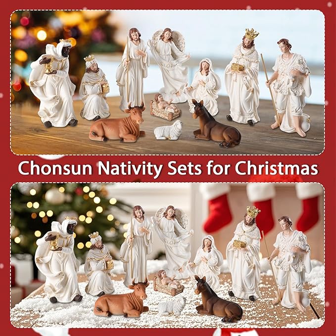 Nativity Set 8.3 Inch 11 PCS Large Christmas Village Nativity Scene Indoor Collectible Bulidings Nativity Sets & Figures Vintage Xmas Holiday Decorations Displays for Room Desktop Decor