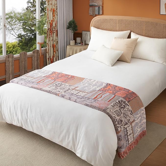 Boho Throw Blanket Twin Size, Soft Cozy Cotton Muslin Quilt Blanket for Bed Decor, Patchwork Block Couch Sofa Chair Cover, Vintage Farmhouse Cottage Tapestry Woven Blanket, Red&Orange