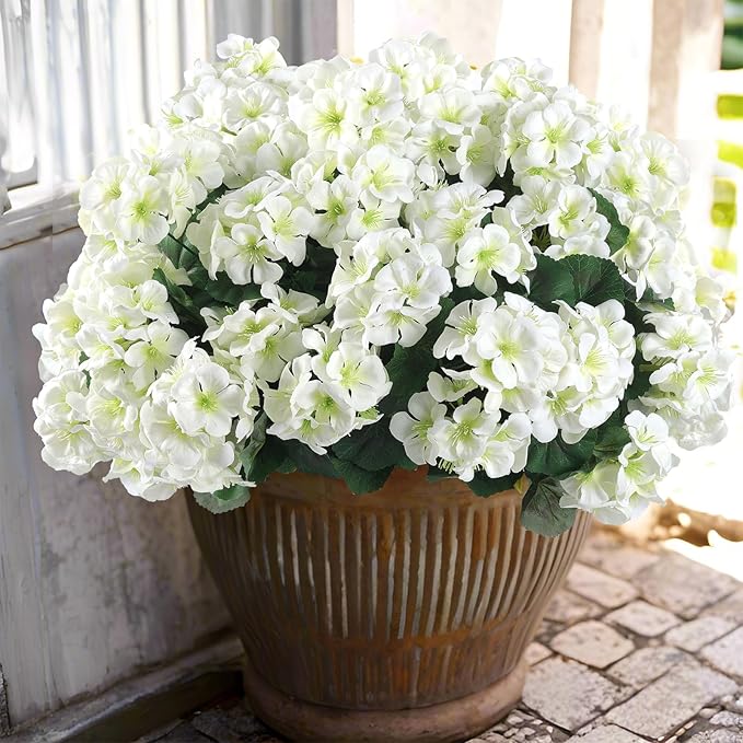 Hananona Artificial Geranium Flowers for Outdoors Geranium Silk Flowers Outdoor UV Resistant Garden Plants Faux Flowers for Home Kitchen Table Centerpieces Decor (12, White)