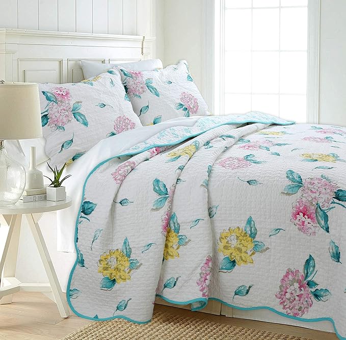Cozy Line Home Fashions Turquoise Blue Floral Hydrangea Garden Leaf 100% Cotton Reversible Quilt Bedding Set, Coverlet, Bedspread (Valencia Bloom, King - 3 Piece)
