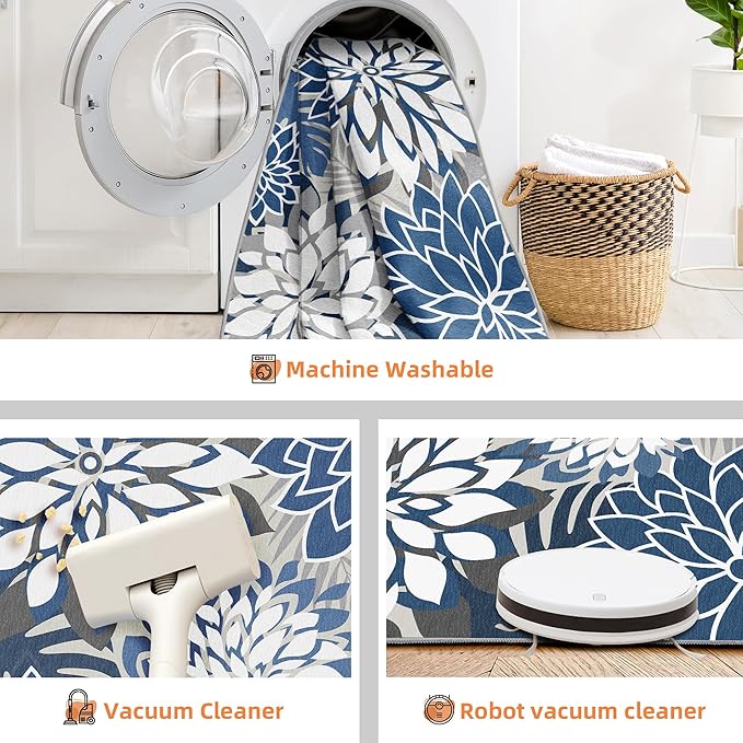 Indoor Outdoor Area Rug Washable Multicolored Patio Rug Tropical Botanical Modern Floral Indoor Outdoor Carpet Blue White Rug Non Slip for Patio, Deck, Backyard, Porch (5x8)