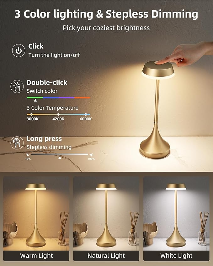 EZVALO Set of 2 Cordless Table Lamps, Rechargeable 6000mAh Battery Operated Lamp,3 Color & RGB Color Changing Stepless Dimming Outdoor Table Lamp for Dinner/Patio/Living Room/Restaurant/Bar