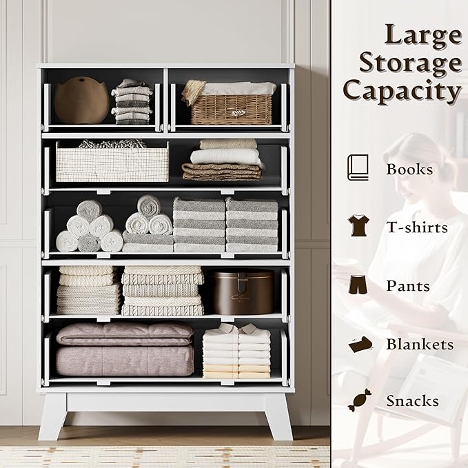 46" Tall Dresser for Bedroom, 6-Drawer Fluted Chest of Drawers, Modern Wood Highboy with Deep Storage, Metal Slides and Handles, Anti-Tip Kit, Vertical Clothes Organizer for Apartment, Nursery