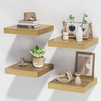 Square Floating Shelves for Wall, 10" W x 10" D x 1.2" H, Small Wooden Wall Mounted Display Shelves with Invisible Brackets for Living Room, Bedroom, Bathroom, Kitchen Decor, Set of 4, Oak