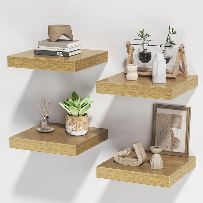 Square Floating Shelves for Wall, 10" W x 10" D x 1.2" H, Small Wooden Wall Mounted Display Shelves with Invisible Brackets for Living Room, Bedroom, Bathroom, Kitchen Decor, Set of 4, Oak