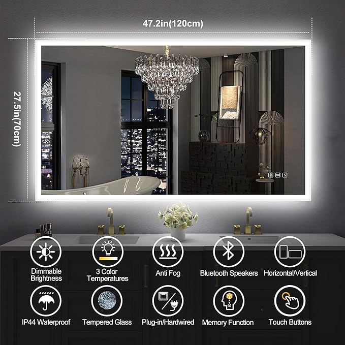S·BAGNO LED Bathroom Mirror with Lights, 48''x28'' 3D Border Bathroom Vanity Wall Mirror with Bluetooth, Anti-Fog, Stepless Dimming, 3 Colors, Tempered Glass Lighted Vanity Mirror for Bathroom