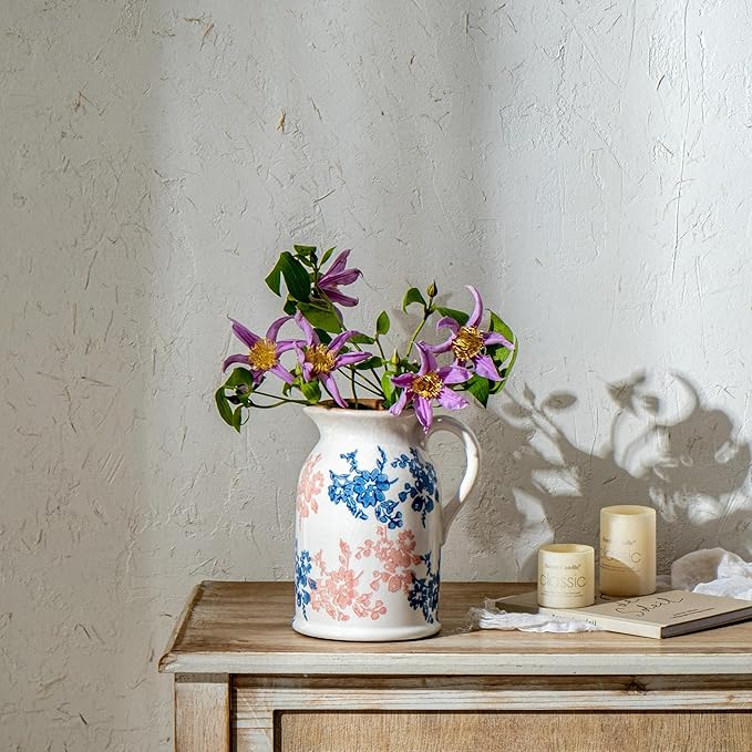 Pink Blue and White Pitcher Vase, 8 Inch Vintage Chinoiserie Ceramic Flower Vase, Rustic Retro Ice Cracked Antique Porcelain Vases for Home Farmhouse Table Centerpieces Shelf Decor ﻿