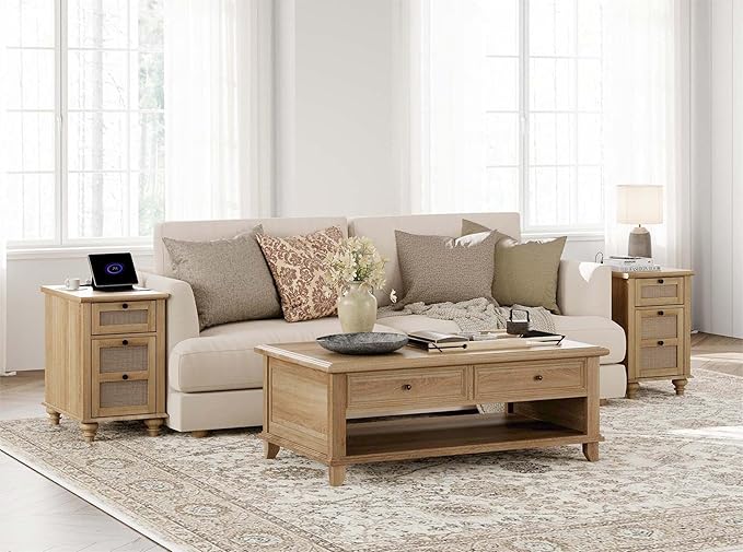 WAMPAT Farmhouse End Table with Charging Station, Rattan Side Table with Drawer & Storage Cabinet, Wooden Oak Nightstand with Power Outlets & USB Ports for Living Room, Bedroom, Burlywood