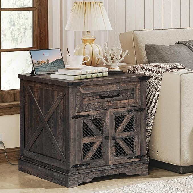 Farmhouse End Table with Charging Station, 24" Large Sofa Side Table with Drawer, Large End Table for Living Room, Wooden Nightstand with Outlet, Square, Dark Rustic Oak