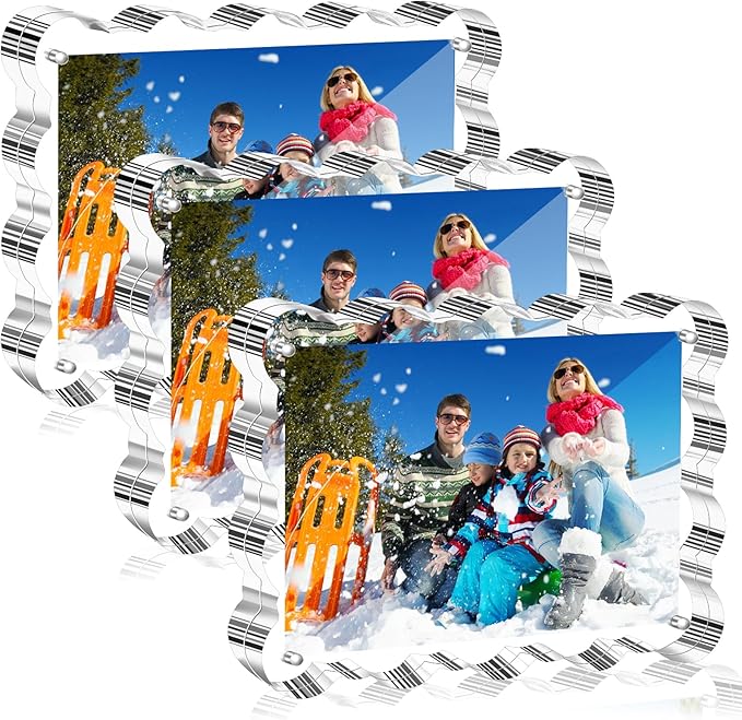 Aheroi 5x7 Acrylic Photo Frames, 3 Pack Clear Acrylic Picture Frame Freestanding Magnetic Scalloped Picture Frames for Desktop Display, Thickened Frameless Double Sided Picture Frame, No Instal