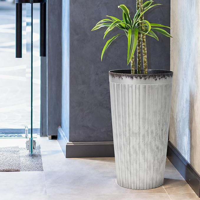 Worth Garden 22.5" H. Plastic Planters - Set of 2 Silver Color Tall Conical Plant Pots for Indoor Outdoor Use - Decorative Lightweight Flower Pots for Front Porch, Patio, Deck - 12.5" Dia x 22.5" H