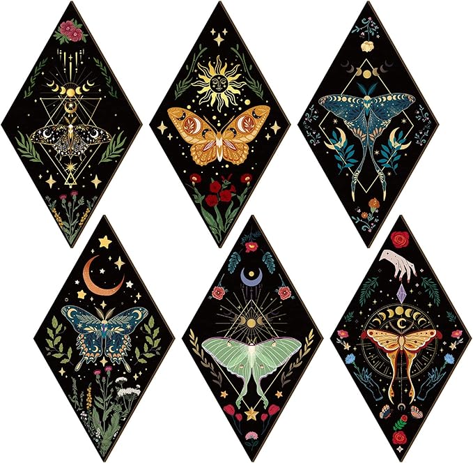 Sintuff 6 Pieces Halloween Gothic Wall Decor Boho Sun Moon Phases Wall Art Gothic Minimalist Stars Sun Hanging Wooden Home Decor Farmhouse Pediments for Gallery Living Bedroom Room(Butterfly)