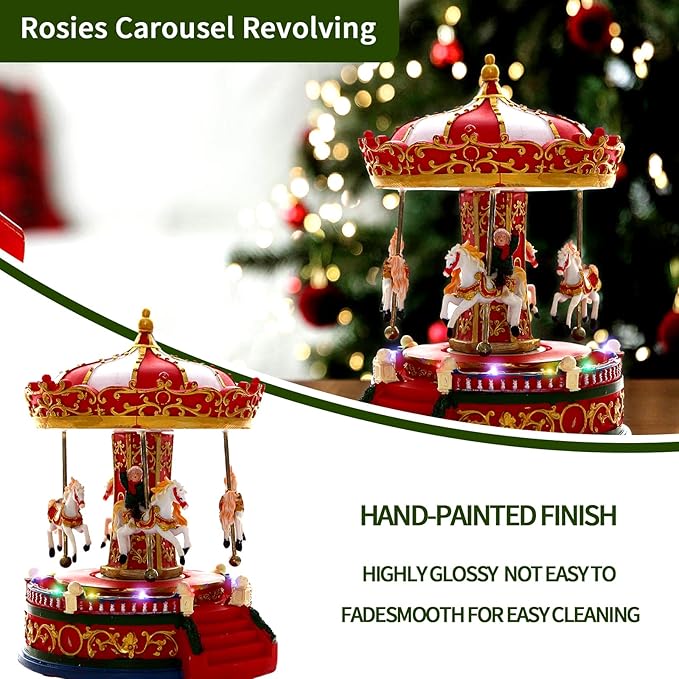 Christmas Carousel Figurines Decoration Christmas Village House Musical Carousel with 6 Moving Horses Go Round, 8 Pieces of Music Snow Globe, Music Box for Girl and Boy Kids
