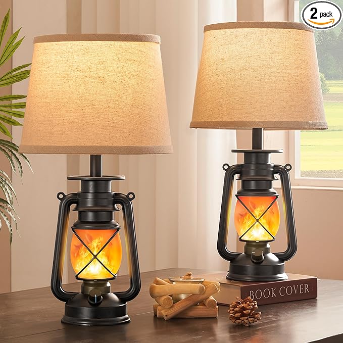 LEDIARY 18.72" Black LED Lantern Flickering Flame Table Lamps for Bedrooms Set of 2, Small Farmhouse Rustic End Table Lamps, Halloween Decorative Lantern Bedside Lamps for Living Room