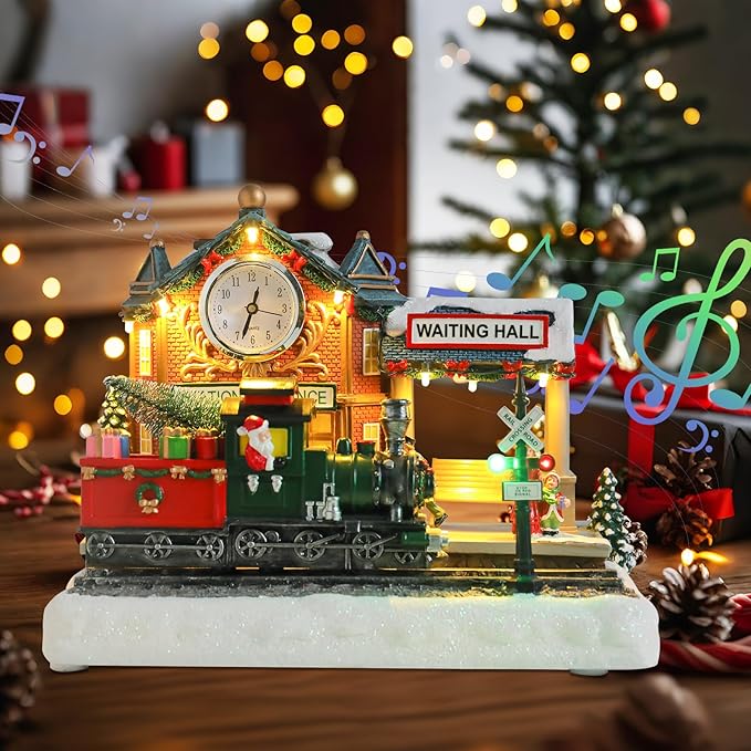 Bdor Christmas Train Station Decoration – Lighted Animated Holiday Village Scene with Train, Clock Tower & Waiting Hall – Plug-in Resin Christmas Tabletop Ornament – 9.8"x5.5"x7.9"