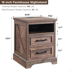 ACCOHOHO 18" Farmhouse Nightstand Set of 2 with Charging Station,End Table with 2 Drawers Storage,Side Table,Bedside Cabinet for Bedroom,Living Room, Light Brown