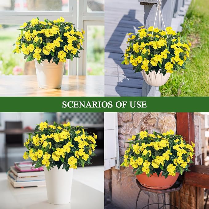 Artificial Impatiens Bouquet Flowers for Outdoors Silk Faux Flowers for Outdoor Impatiens Plants Decor Indoor Planters Kitchen Planters and Balcony Decorations 4PCS (Yellow)