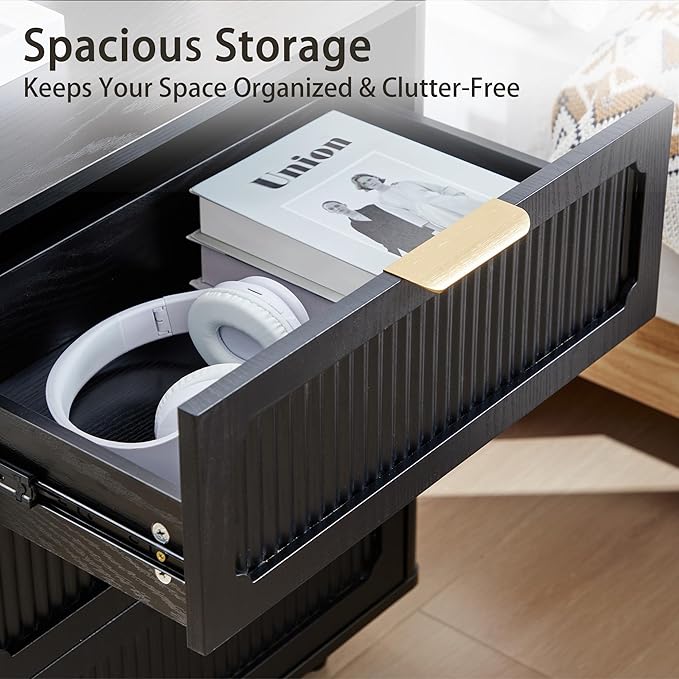 3 Drawer Dresser for Bedroom, Mid Century Modern Closet Dressers Chest of Drawers, Fluted Wood Wide Nightstand Storage Dresser with Drawers for Living Room, Dressing Room, Entryway, Hallway, Black