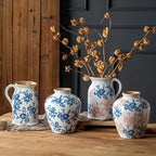 Pink Blue and White Vase, 8 Inch Vintage Chinoiserie Ceramic Vase, Rustic Flower Vases Decorative Antique Vases for Home Decor, Retro Ice Cracked Porcelain Farmhouse Table Centerpieces Decor