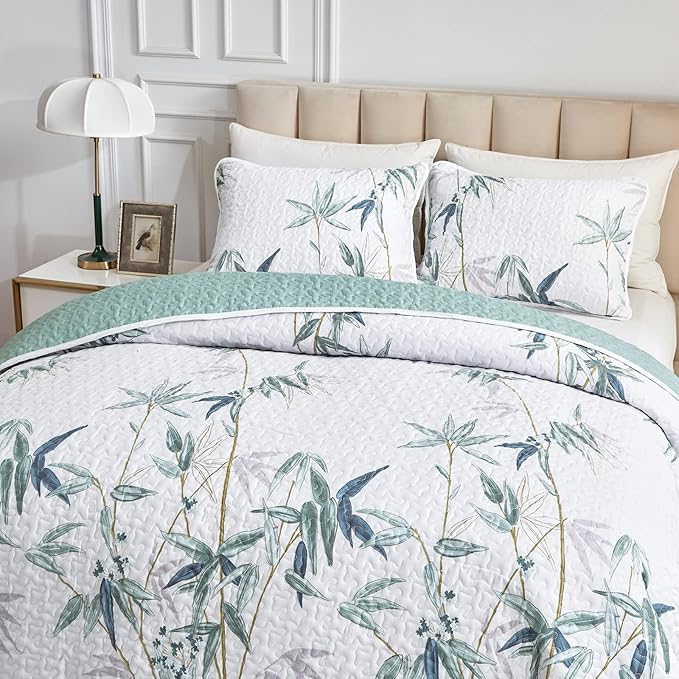 Botanical Quilt Set 3 Piece California King, Green Leaves Printed on White Reversible Bedspread Coverlet Set, Soft Microfiber Lightweight Bed Cover for All Season (102" x 114", 1 Quilt+ 2 Pillow Sham)