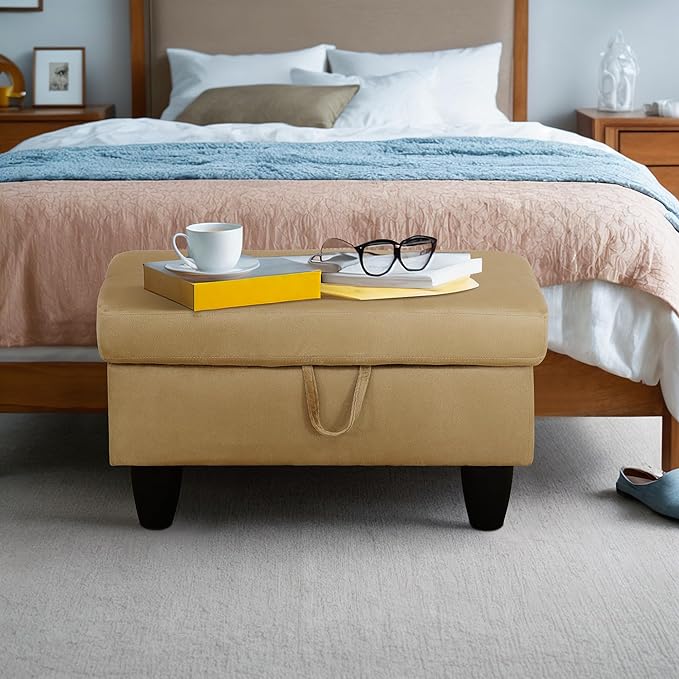 Ottoman Rectangular Storage Ottoman Bench, Flannel Footrest Stool Footstool with Lid for Living Room, Bedroom, Entryway, Light Brown, 28.5"x19"x17.5"