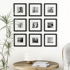 Vittanly 8x8 Picture Frames Set of 9, Shatter Resistant Plexiglass, Display 4x4 Pictures with Mat or 8x8 without Mat, Photo Frames for Wall Mount, Engineered Wood, Black