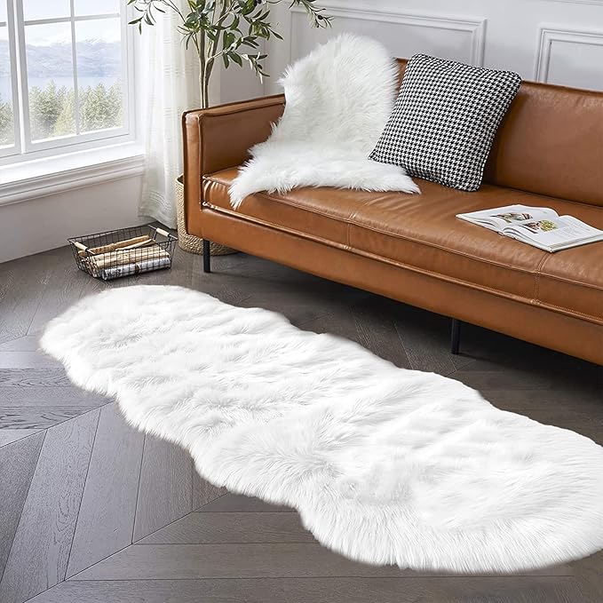 Latepis White Runner 2x6 Faux Sheepskin Fluffy Rug Furry Plush Rugs Faux Fur Sheep Skin Rug for Bedroom Sofa Throw Cushion Room Decor, Sheepskin