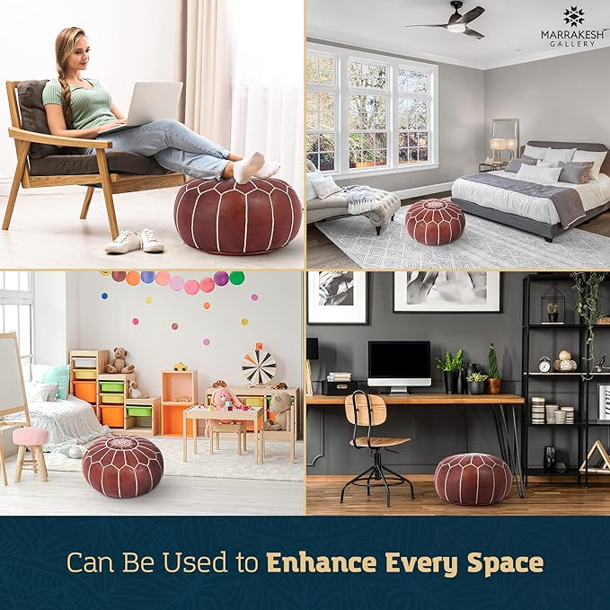 Marrakesh Gallery Genuine Leather Round Pouf Cover - Handmade Moroccan Ottoman Footstool, Unstuffed Footrest - Boho Decor - Bohemian Living Room, Bedroom, Kids Room - Housewarming Gift & Wedding