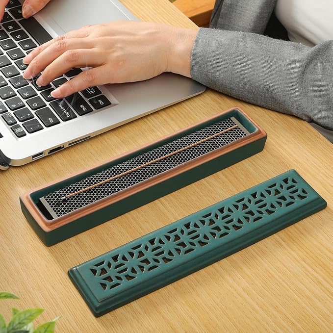 Incense Holder,Ceramic Incense Holder for Sticks with Ash Catcher,Coffin Style Incense Box,Incense Burner for Meditation Yoga Spa Room Decor(Green)