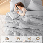 MUXHOMO 7 Pieces Queen Comforter Set, Seersucker Bed in a Bag Queen Size, All Season Luxury Bedding Set with Comforter, Flat Sheet, Fitted Sheet, Pillowcases & Shams, Light Grey