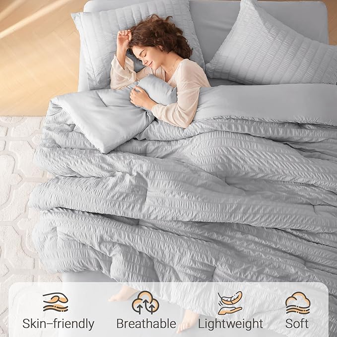 MUXHOMO 7 Pieces Full Comforter Set, Seersucker Bed in a Bag Full Size, All Season Luxury Bedding Set with Comforter, Flat Sheet, Fitted Sheet, Pillowcases & Shams, Light Grey