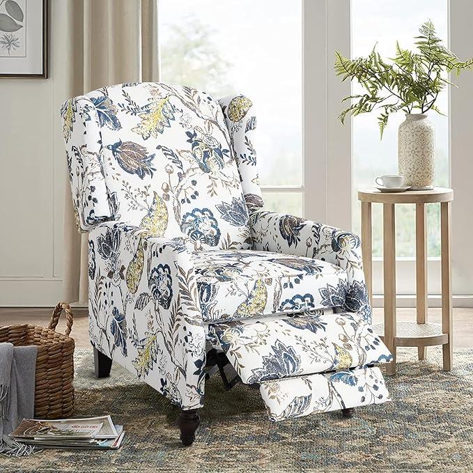 Upholstered Wingback Recliner Chair - Traditional Push Back Recliner Chair with Padded Seat, Fabric Floral Recliner Wingback Chair, Mid Century Modern Armchair for Living Room