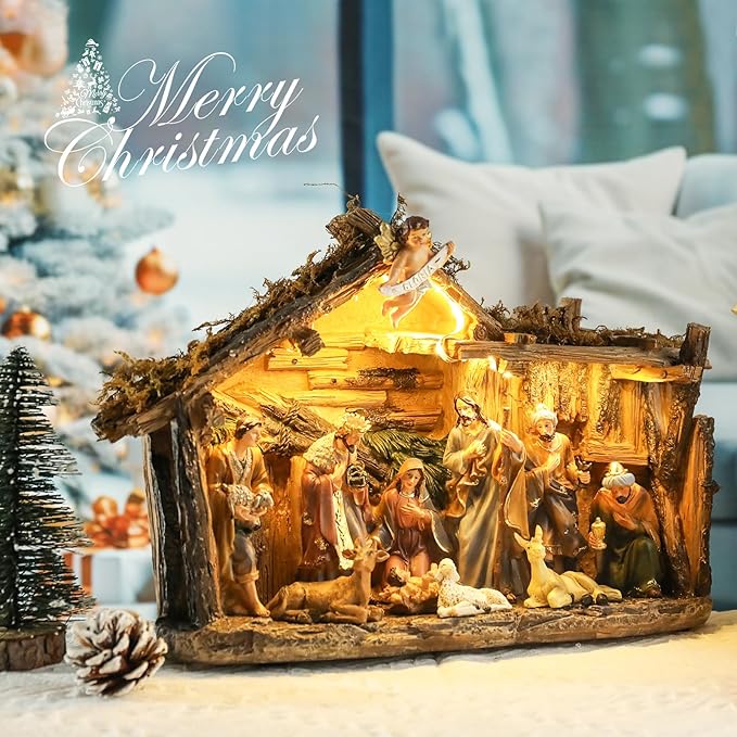 Taman Nativity Set with LED Light - Resin Figurines Tabletop Nativity Scenes Xmas Gifts Collectibles for Christmas Holiday Decorations