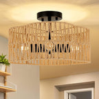Boho Light Fixtures Ceiling Mount, 4-Light Farmhouse Rattan Ceiling Light Fixture, Semi Flush Mount Ceiling Light with Hand-Woven Shade, Modern Chandelier for Living Bedroom Kitchen Nursery